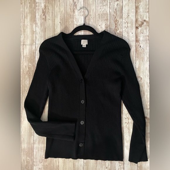 A New Day Ribbed V-Neck Slim Cardigan Sweater Black Large - Picture 8 of 14